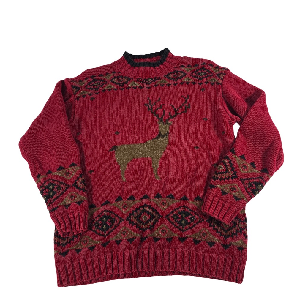 Eddie‎ Bauer Women Red Hand Knitted Linen Cotton Deer Fair Isle Sweater Large